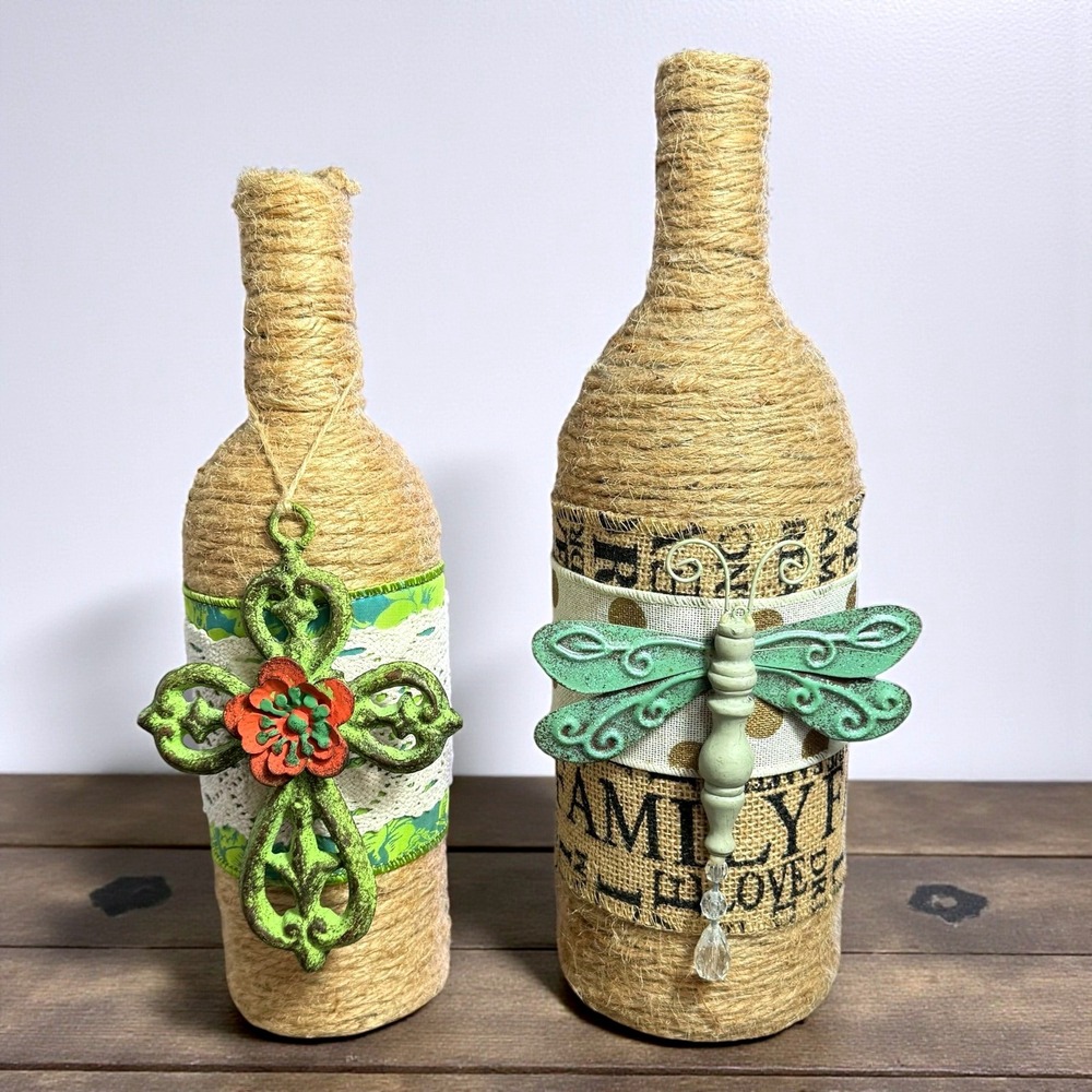 Set of 2 Rustic Twine Wrapped Decorative Bottles Cross Dragonfly Home Decor